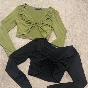 PrettyLittleThing Olive and Black Twist Front Crop Tops